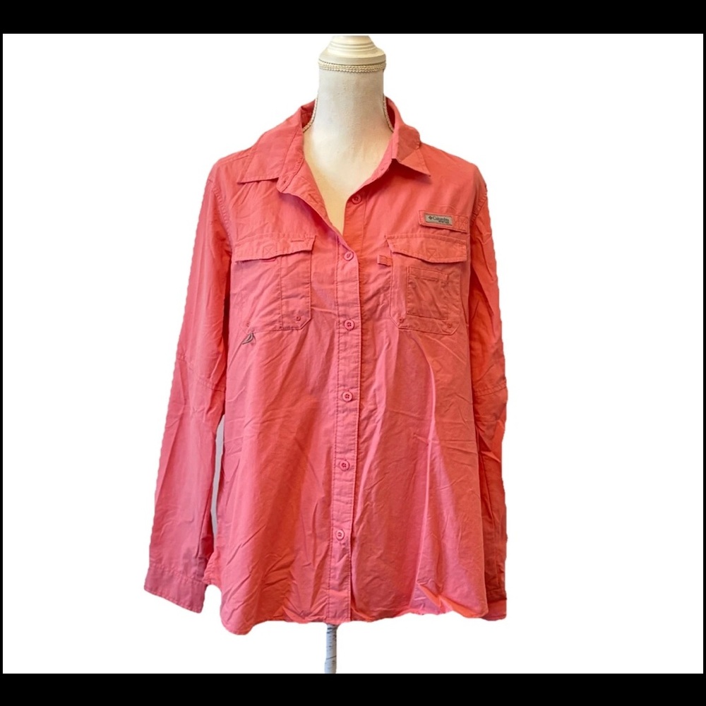 Women’s Columbia PFG Pink Long Sleeve Button Up Shirt Hiking Camping Fishing XL